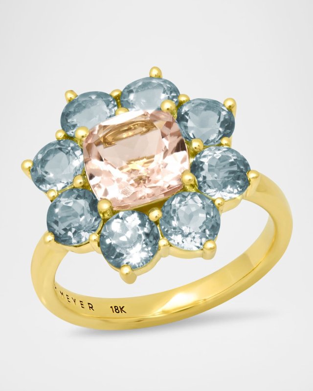 18K Yellow Gold Aquamarine and Morganite XL Flower Ring, Size 6.5
